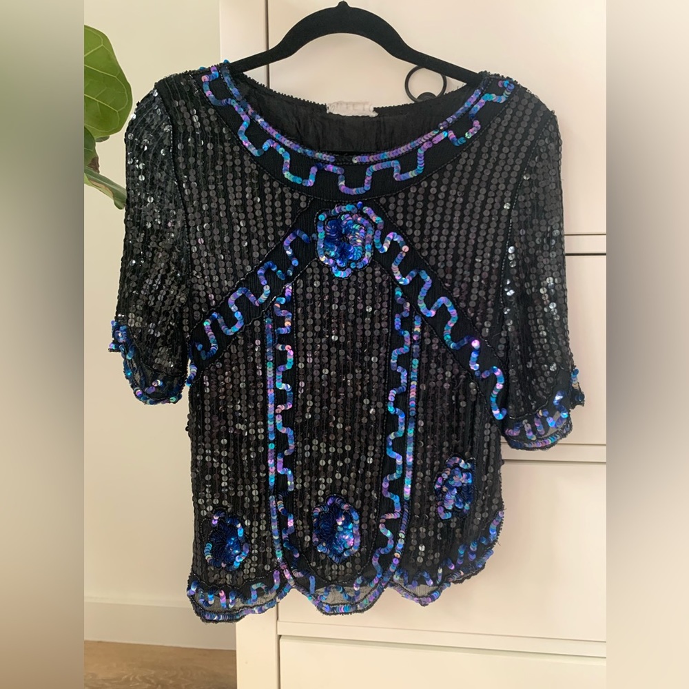 Vintage sequin top with asymmetrical scalloped hem